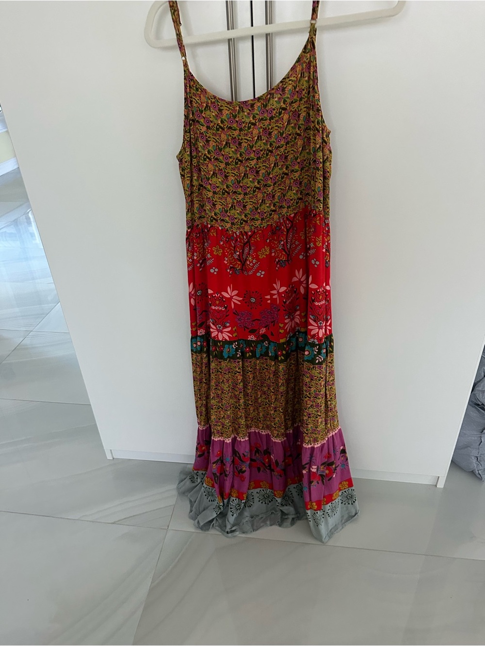 NATURAL LIFE Mustard Floral Tiered Maxi Dress with Pink & Green Accents